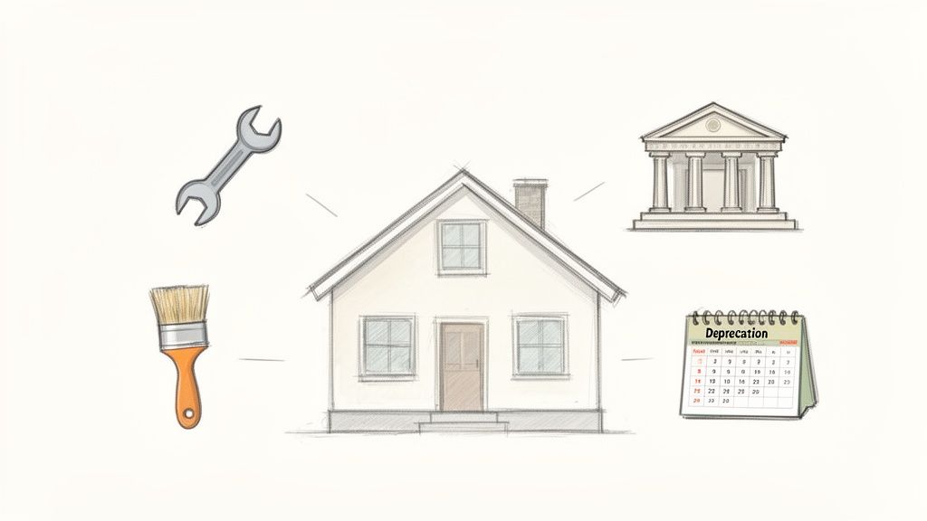 Ein gezeichnetes Haus, umgeben von Werkzeugen, einem Bankgebäude und einem Kalender mit Abschreibungshinweisen.