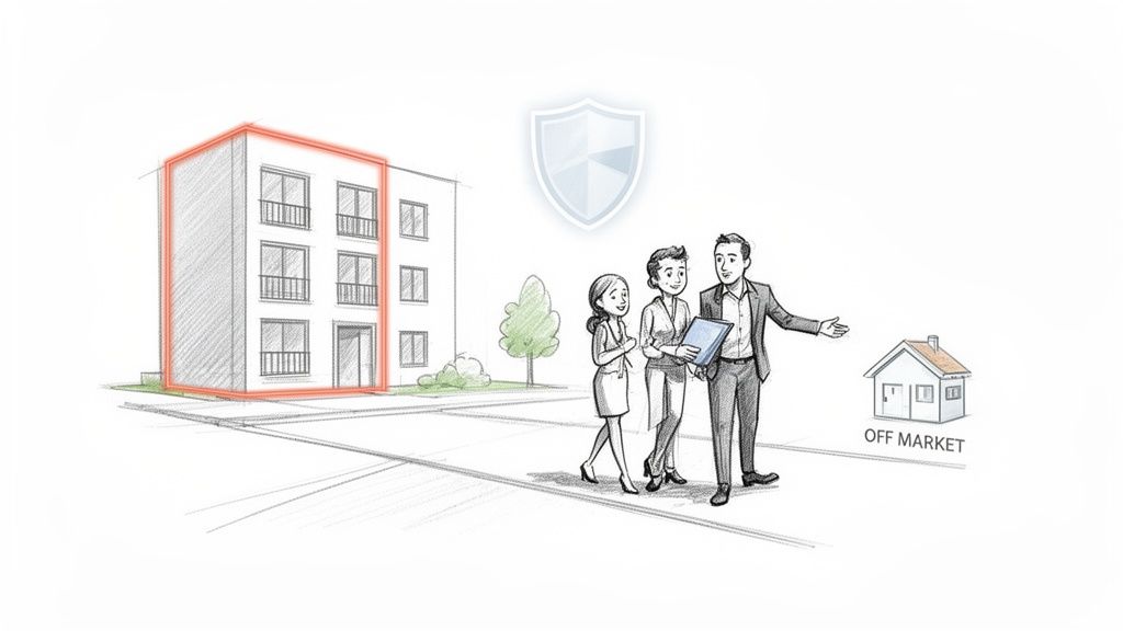 Skizze eines Wohngebäudes mit roter Umrandung, einem Schild und Personen, die ein „Off Market“-Haus betrachten.