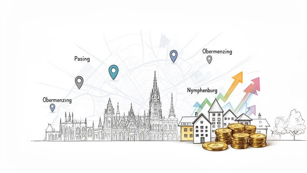 Immobilienmarkt München: Karte mit Pasing, Nymphenburg, Obermenzing, Häusern, Pfeilen und Münzen symbolisiert Wertsteigerung.