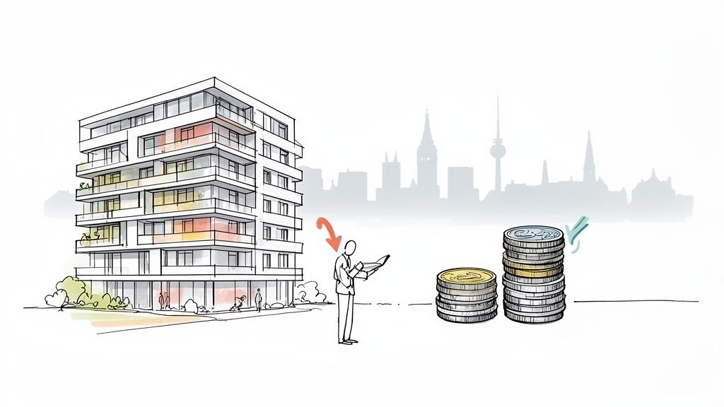 Illustration: Modernes Wohngebäude, Person mit Dokumenten und Geldmünzen vor einer Stadtkulisse. Neubauprojekt und Investition.