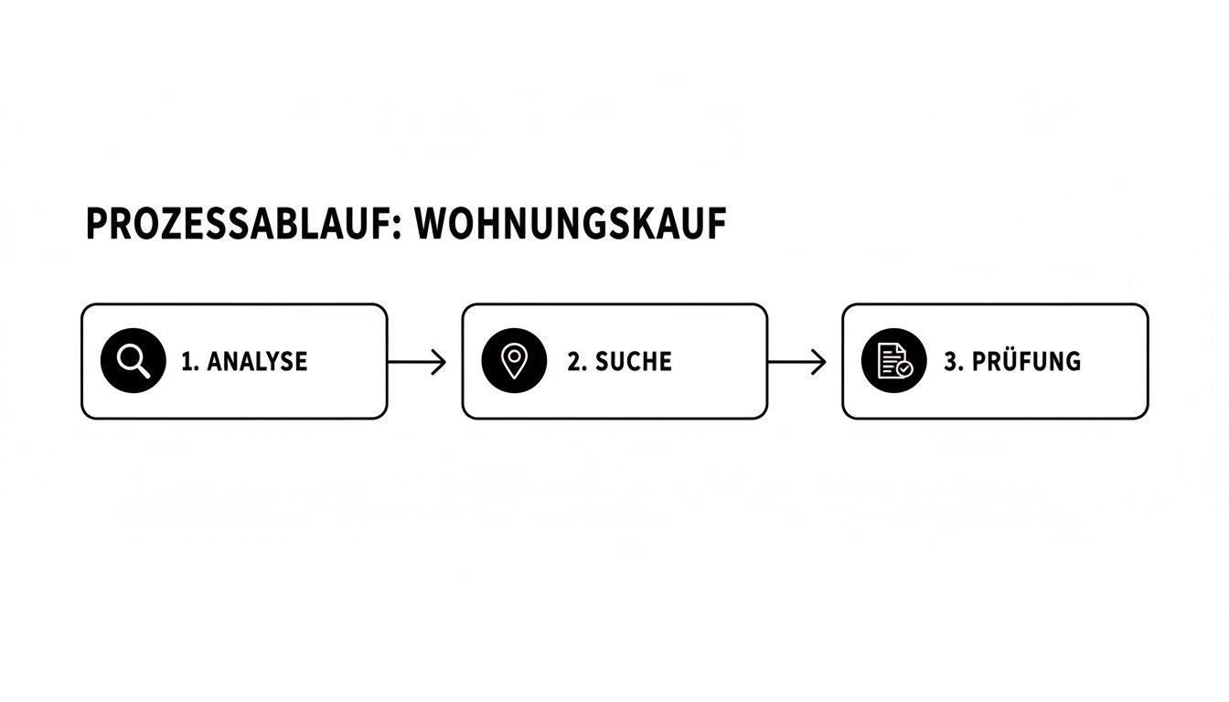 Infografik zum Ablauf des Wohnungskaufs mit Schritten wie Analyse, Suche und Prüfung dargestellt.