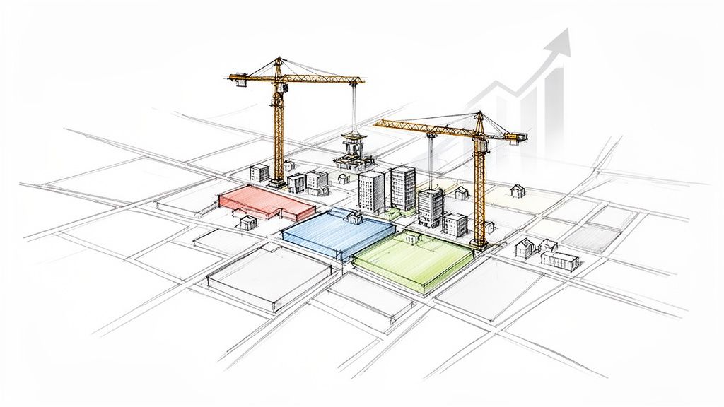 Skizze einer Stadtlandschaft mit Baukranen, neuen Gebäuden und einer wachsenden Wirtschaftsgrafik.
