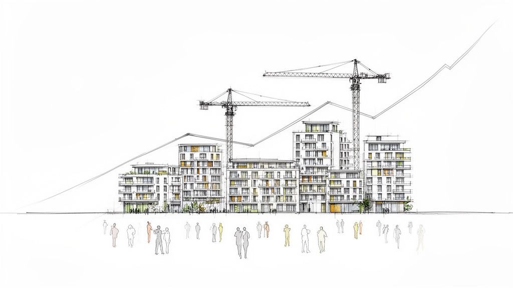Skizze moderner Neubauwohnungen im Bau mit Kränen, steigender Entwicklungskurve und Menschen.