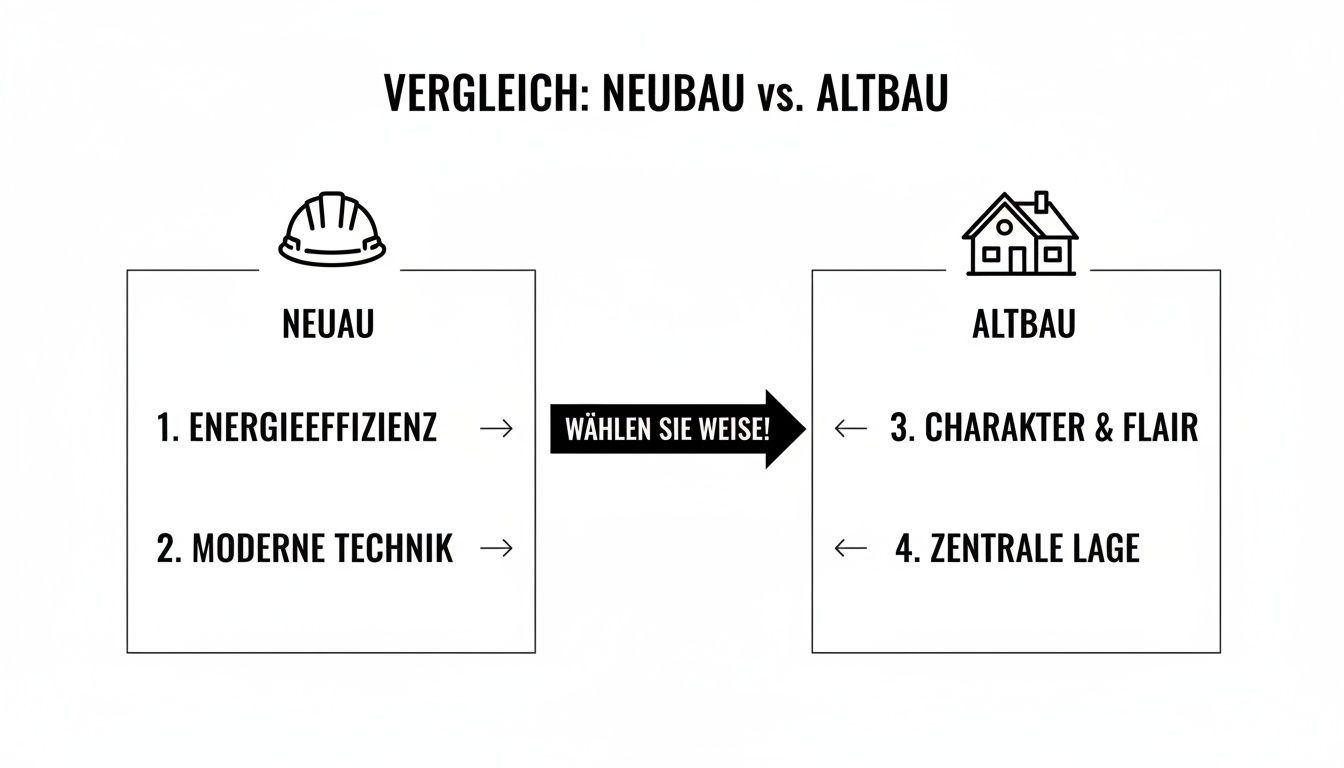 Ein Diagramm vergleicht Neubau und Altbau, zeigt Energieeffizienz und Moderne Technik vs. Charakter und zentrale Lage.