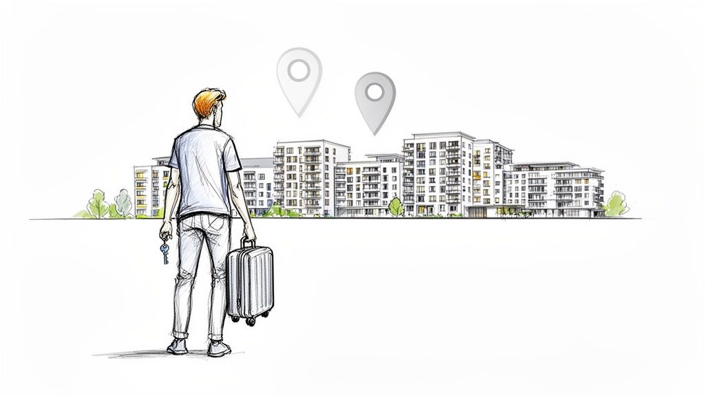 Person mit Koffer und Schlüssel blickt auf moderne Wohngebäude mit Standortsymbolen.