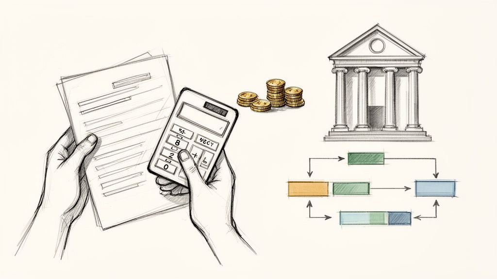 Hände halten Dokumente und einen Rechner, daneben Geldmünzen, eine Bank und ein Finanzprozess-Flussdiagramm.