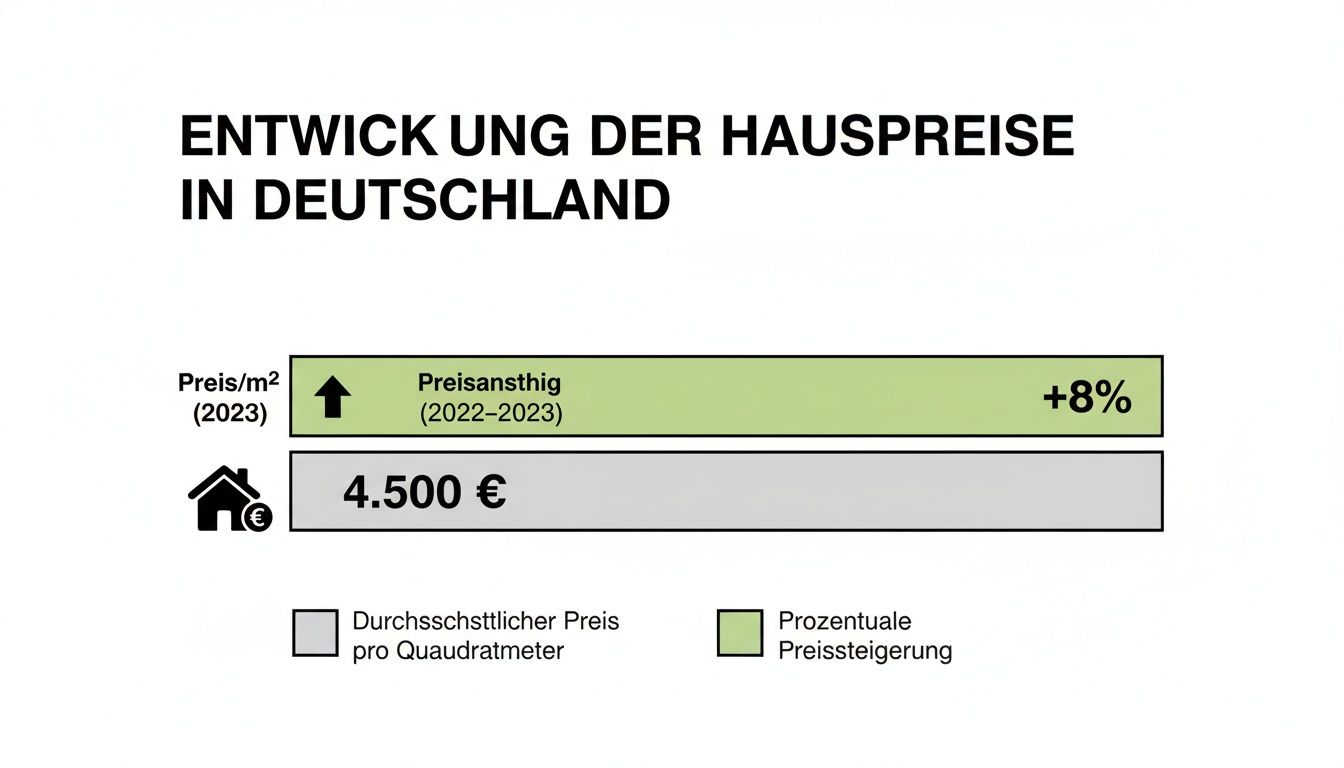 Statistik zur Entwicklung der Hauspreise in Deutschland, zeigt den durchschnittlichen Preis pro Quadratmeter und die Preissteigerung.