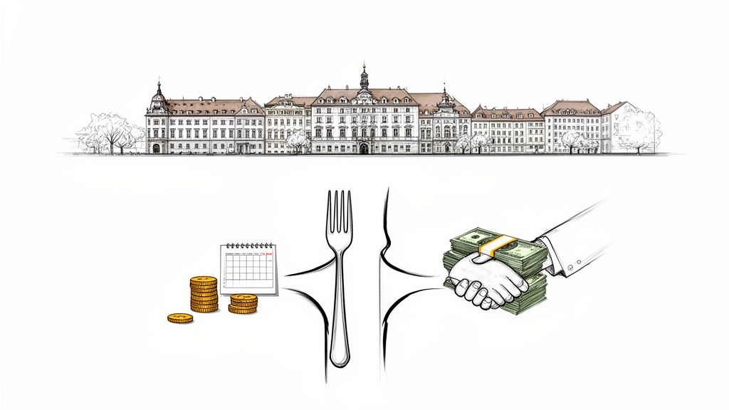Eine Illustration eines historischen Gebäudes über Münzen, einem Kalender und einem Händedruck mit Geldbündeln.