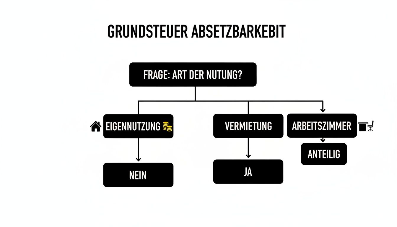 Flussdiagramm zur Absetzbarkeit der Grundsteuer nach Nutzungsart: Eigennutzung, Vermietung, Arbeitszimmer.
