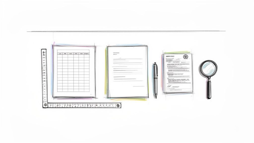 Ein Schreibtisch mit Dokumenten, Linealen, Stift und Lupe, symbolisiert Bürokratie und Präzision.