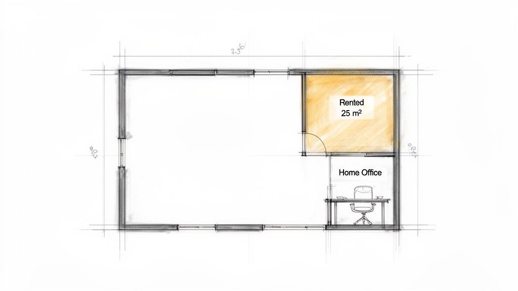 Grundriss einer Wohnung oder eines Büros mit einem vermieteten Bereich (25 m²) und einem Home-Office.