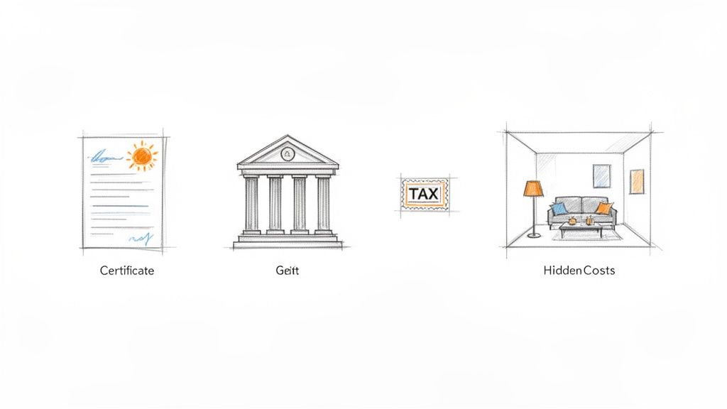 Skizzenhafte Darstellung eines Zertifikats, eines Gebäudes, einer Steuermarke und versteckter Kosten.