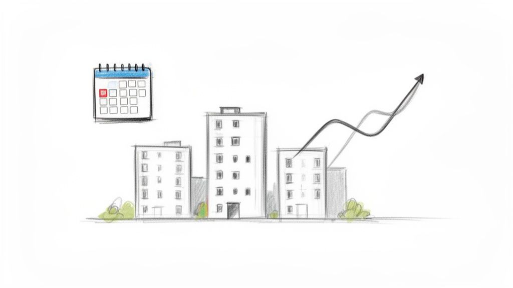 Illustration von Immobilien mit Kalender und steigendem Trend, symbolisiert langfristige Wertentwicklung.