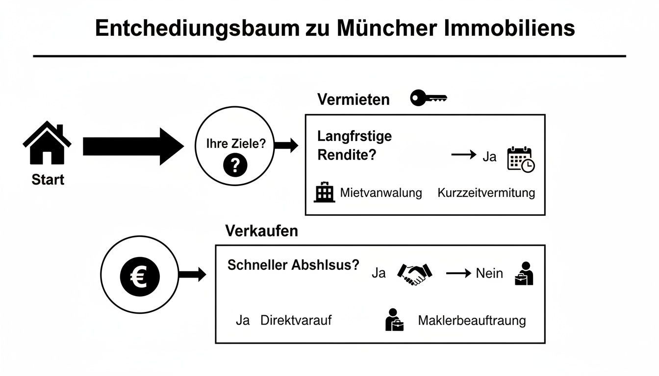Entscheidungsbaum für Immobilien in München: Optionen zum Vermieten (langfristige Rendite) oder Verkaufen (schneller Abschluss).