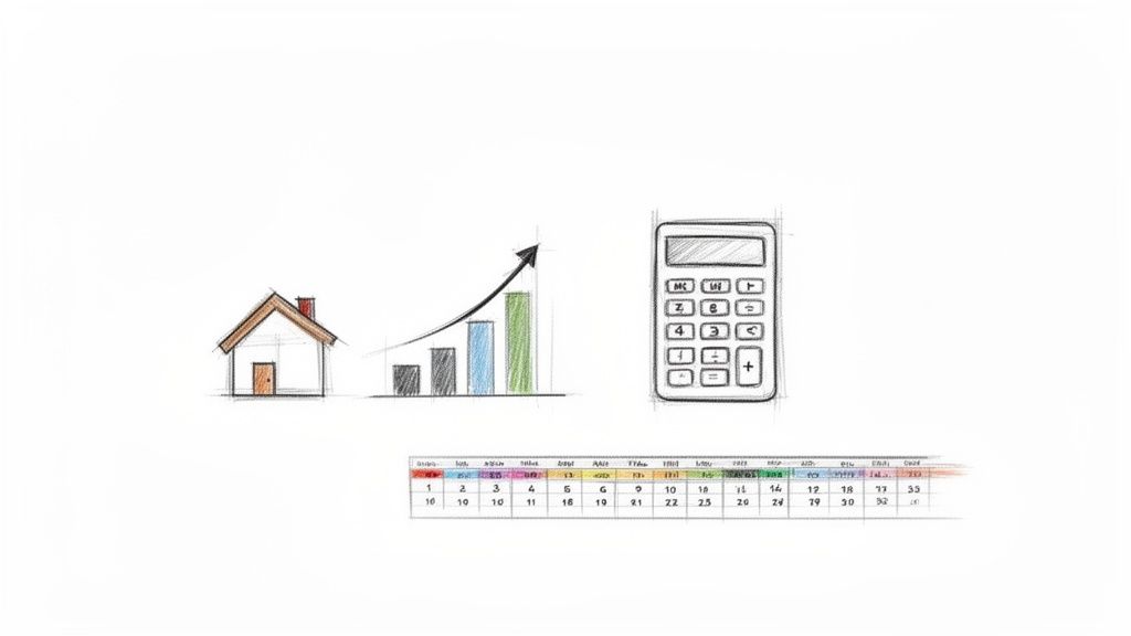 Skizzen von einem Haus, einem wachsenden Balkendiagramm, einem Taschenrechner und einer Tabelle, die Immobilienfinanzen darstellen.
