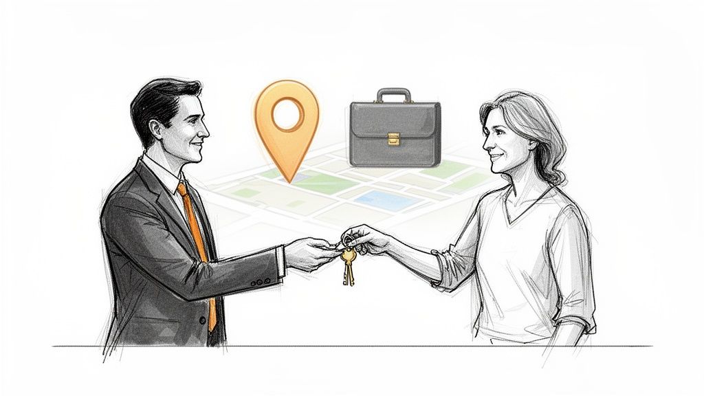 Geschäftsmann übergibt einer Frau Hausschlüssel vor dem Hintergrund einer Karte und Aktentasche.