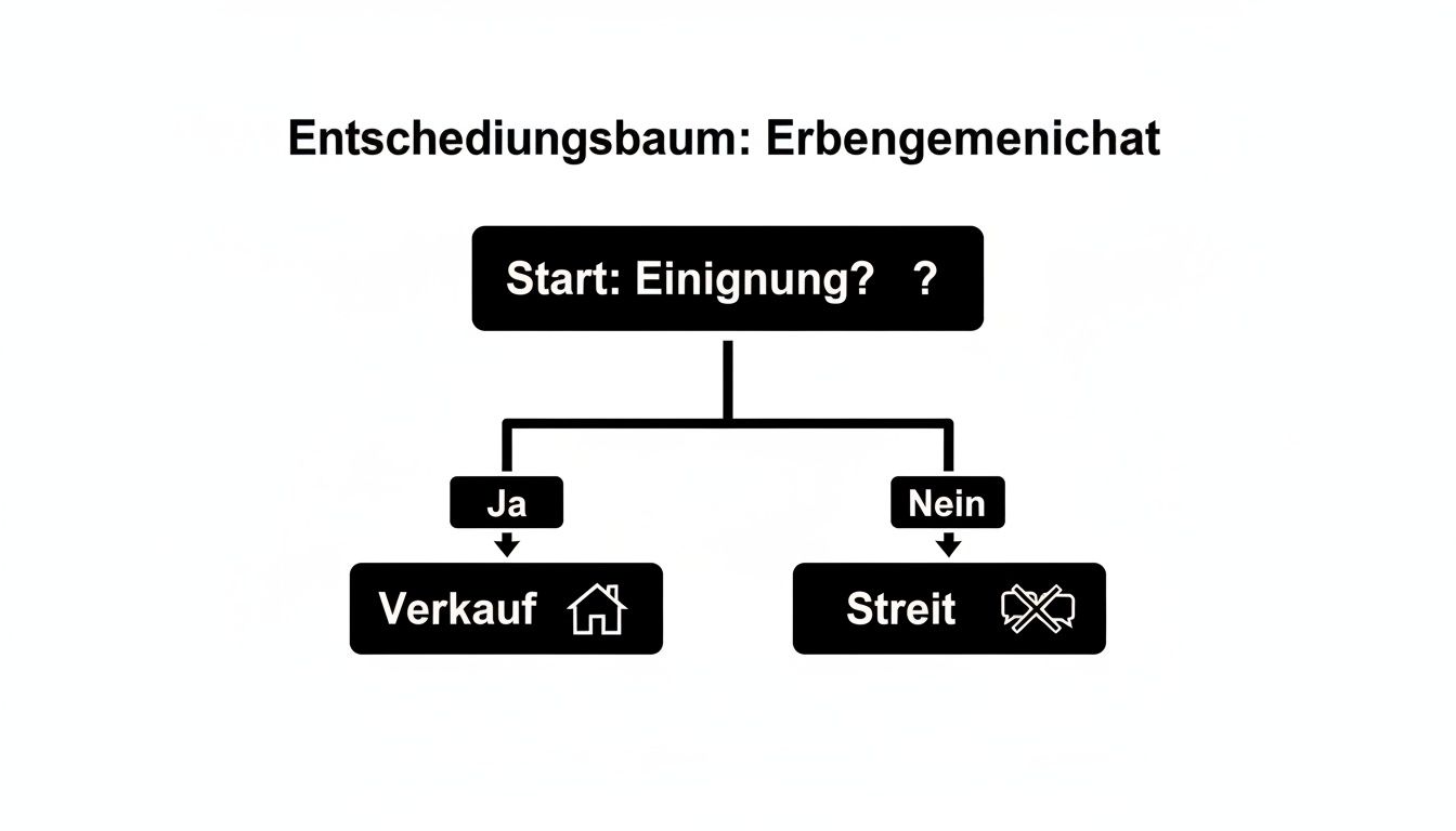 Ein Entscheidungsbaum zur Erbengemeinschaft: Bei Einigung erfolgt Verkauf der Immobilie, bei Uneinigkeit droht Streit.