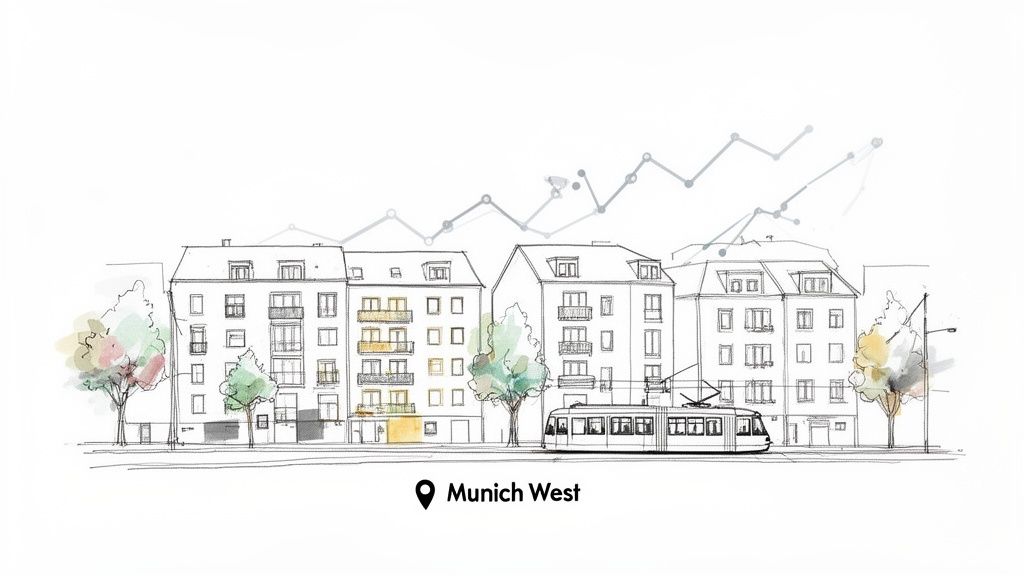 Illustration von Wohngebäuden, einer Straßenbahn und Bäumen in München West mit Preiskurve.