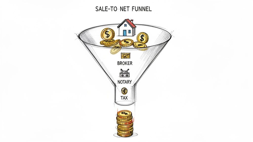 Trichterdiagramm: Immobilienverkaufsprozess von Brutto- zu Nettoerlös mit Abzügen für Makler, Notar, Steuern.