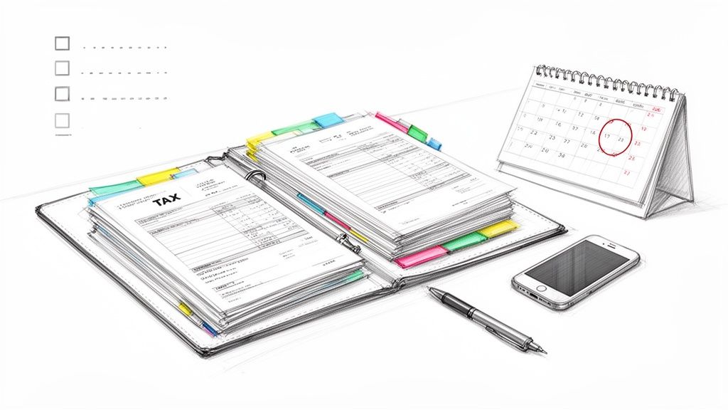 Eine detaillierte Skizze von Steuerunterlagen in einem Ordner, einem Kalender mit Frist, Stift und Smartphone für die Steuererklärung.