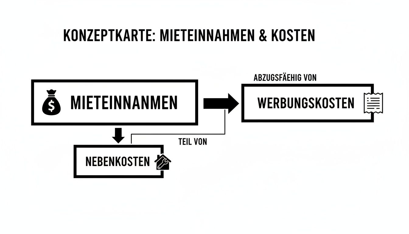 Konzeptkarte zu Mieteinnahmen, Nebenkosten und abzugsfähigen Werbungskosten für die Steuererklärung.
