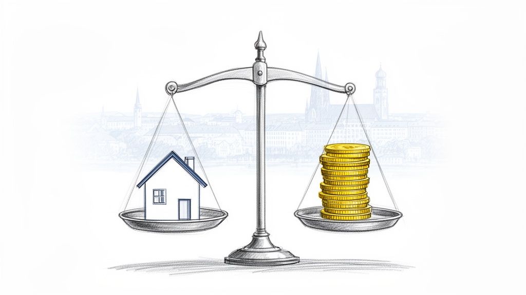 Eine Waage, die ein Haus und einen Stapel Goldmünzen vergleicht, vor einer Stadtkulisse.