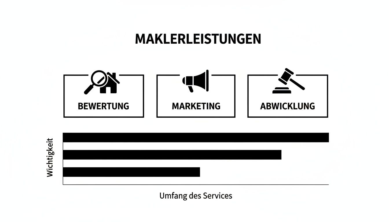 Diagramm zu Maklerleistungen: Bewertung, Marketing und Abwicklung, dargestellt mit Icons und einem Balkendiagramm zur Wichtigkeit.