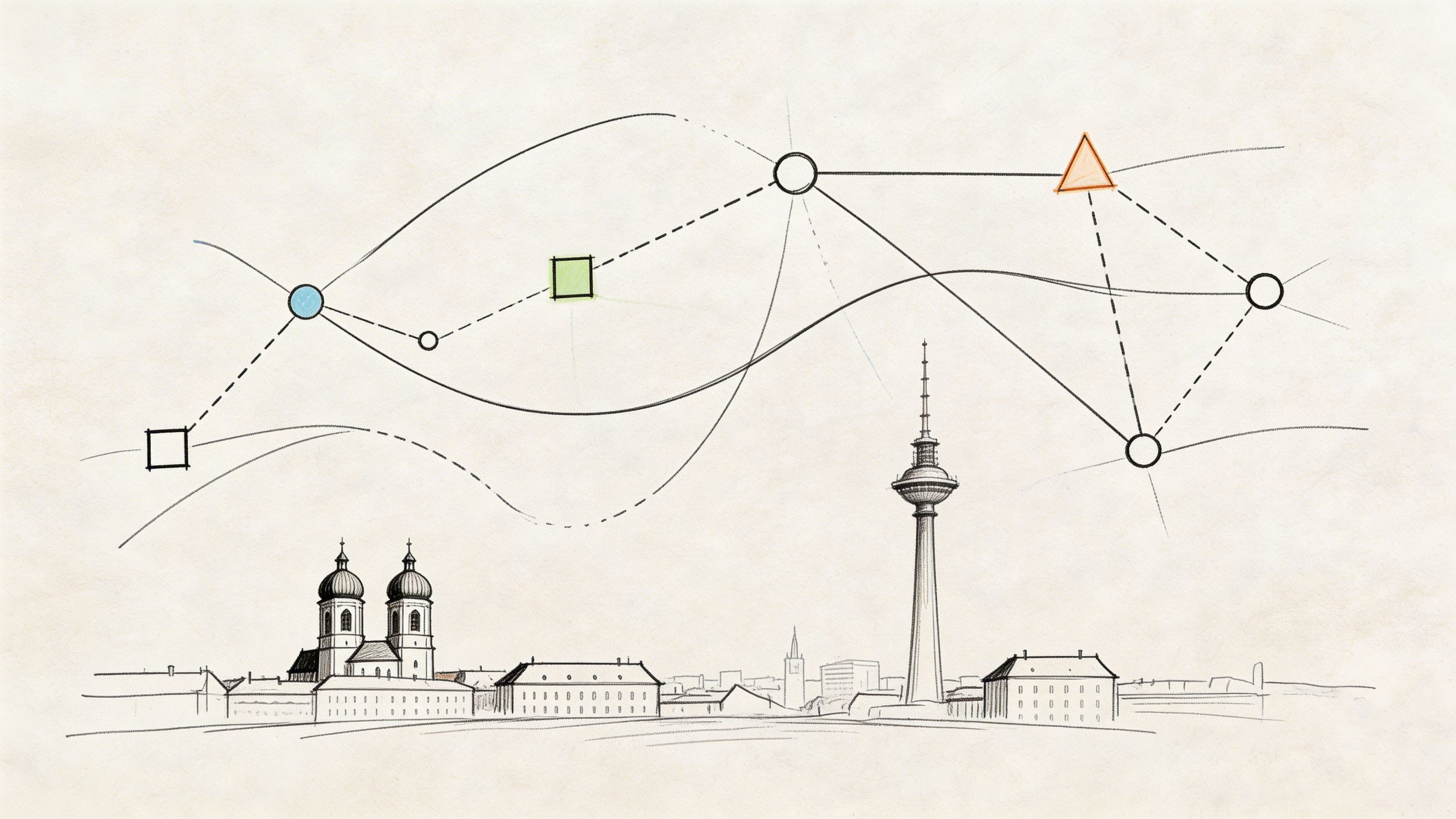 Eine handgezeichnete Skizze der Münchener Skyline mit abstrakten Netzwerkgrafiken und geometrischen Symbolen über den historischen Gebäuden.