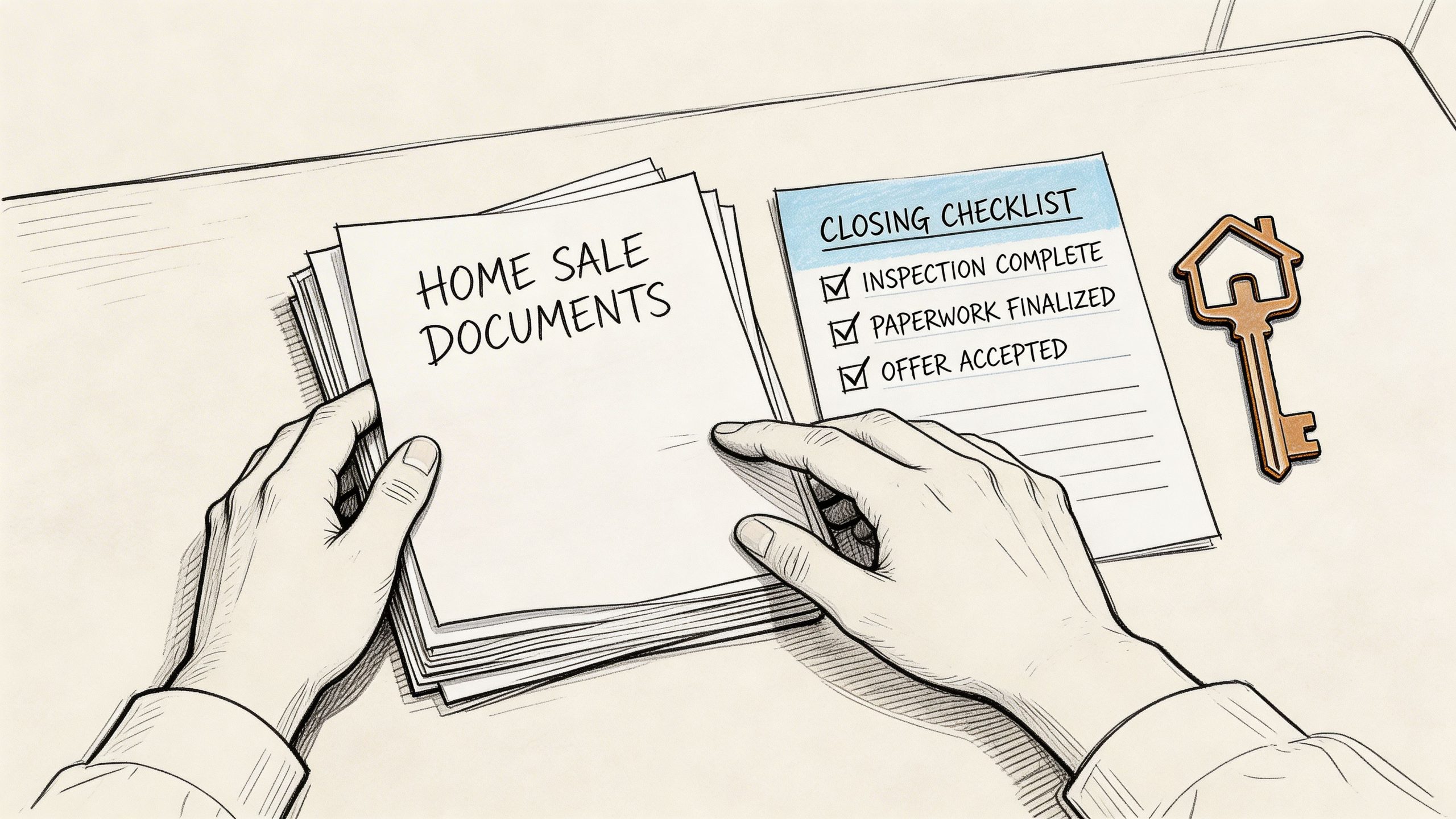 Hände halten Unterlagen für einen Hausverkauf neben einer Checkliste und einem Schlüssel mit Hausform.