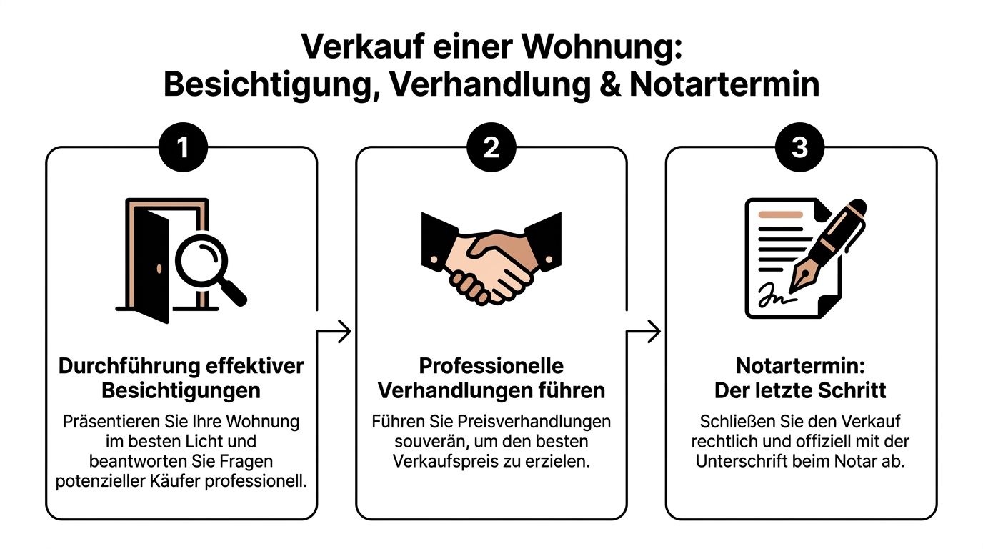 Eine Infografik zum Wohnung verkauf in München mit den Schritten Besichtigung, Verhandlung und Notartermin für Eigentümer.