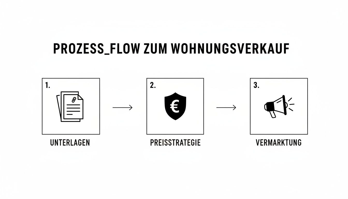 Ein Prozessflussdiagramm zeigt die drei Schritte zum Wohnungsverkauf: 1. Unterlagen, 2. Preisstrategie, 3. Vermarktung.