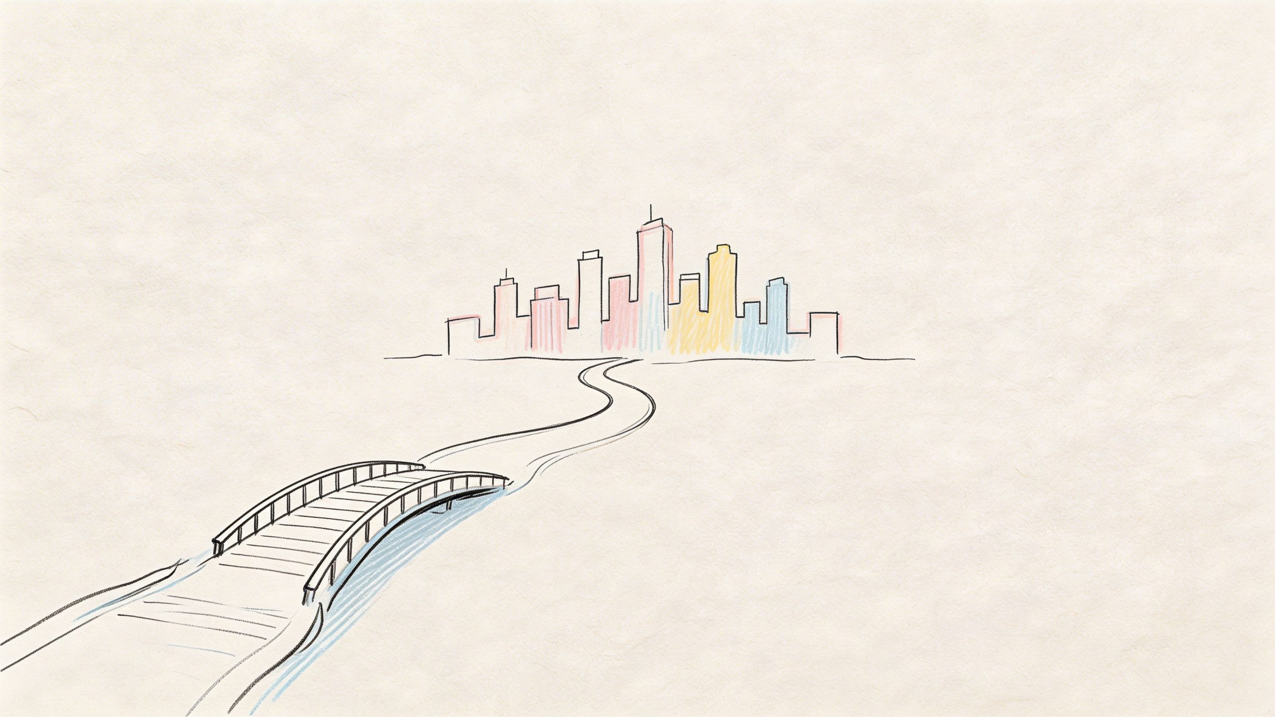 Eine skizzierte Zeichnung mit einer Brücke, die zu einer weit entfernten, bunten Skyline einer Stadt führt.