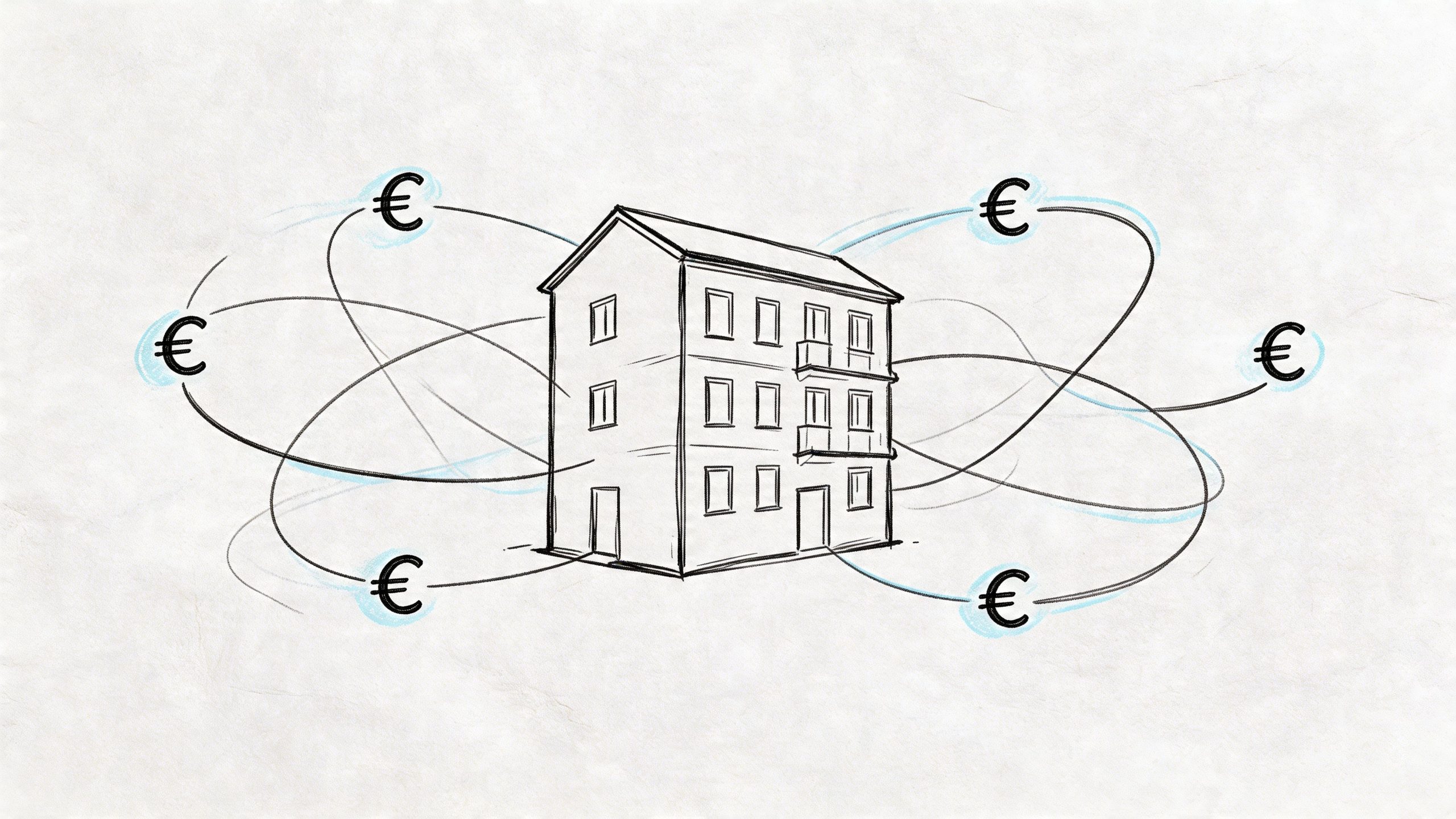 Eine handgezeichnete Illustration eines Mehrfamilienhauses, umgeben von kreisenden Euro-Symbolen als Symbol für eine Immobilienkapitalanlage.