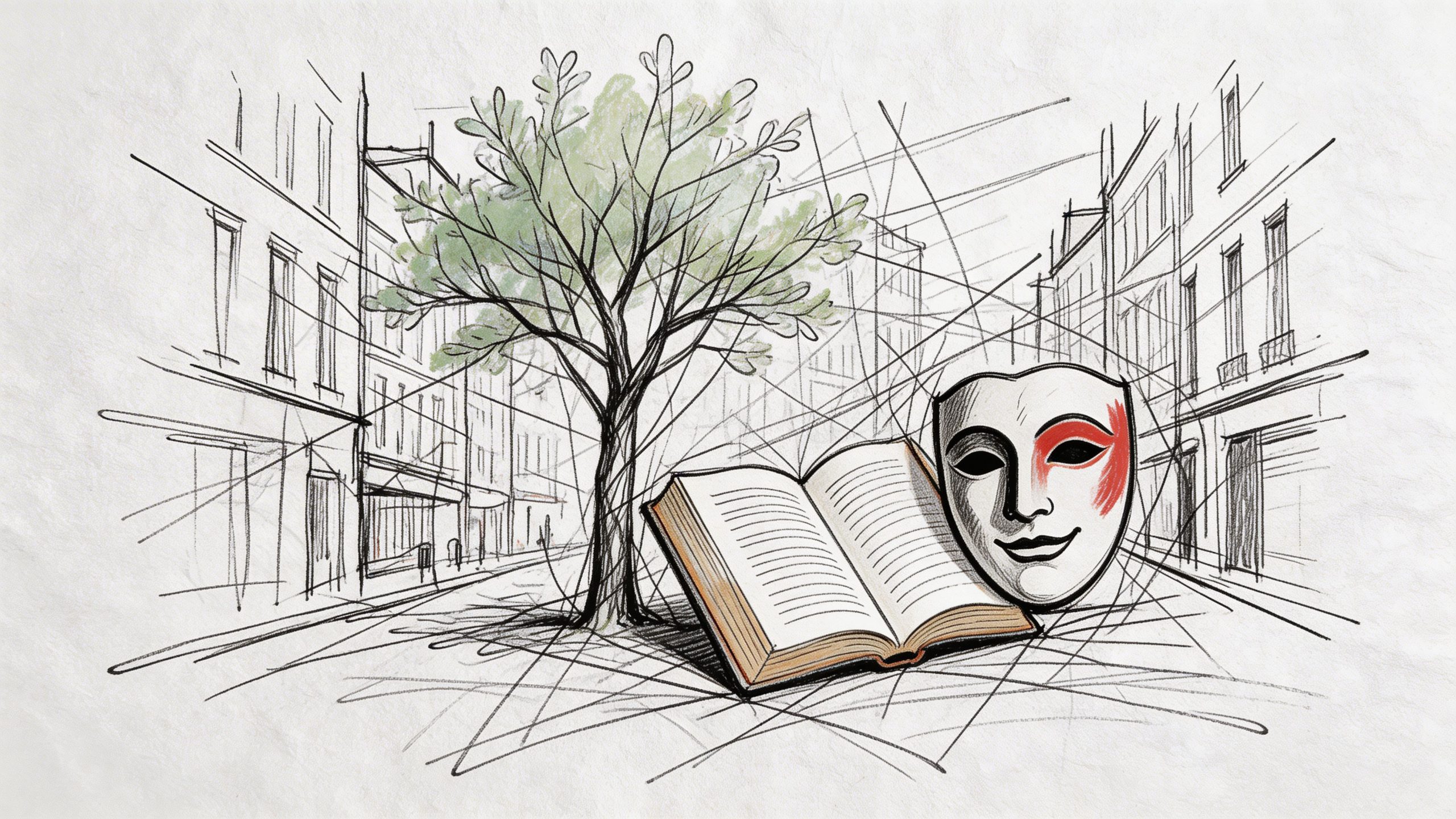 Eine künstlerische Skizze zeigt ein offenes Buch, eine Theatermaske und einen Baum vor einer städtischen Straßenkulisse.