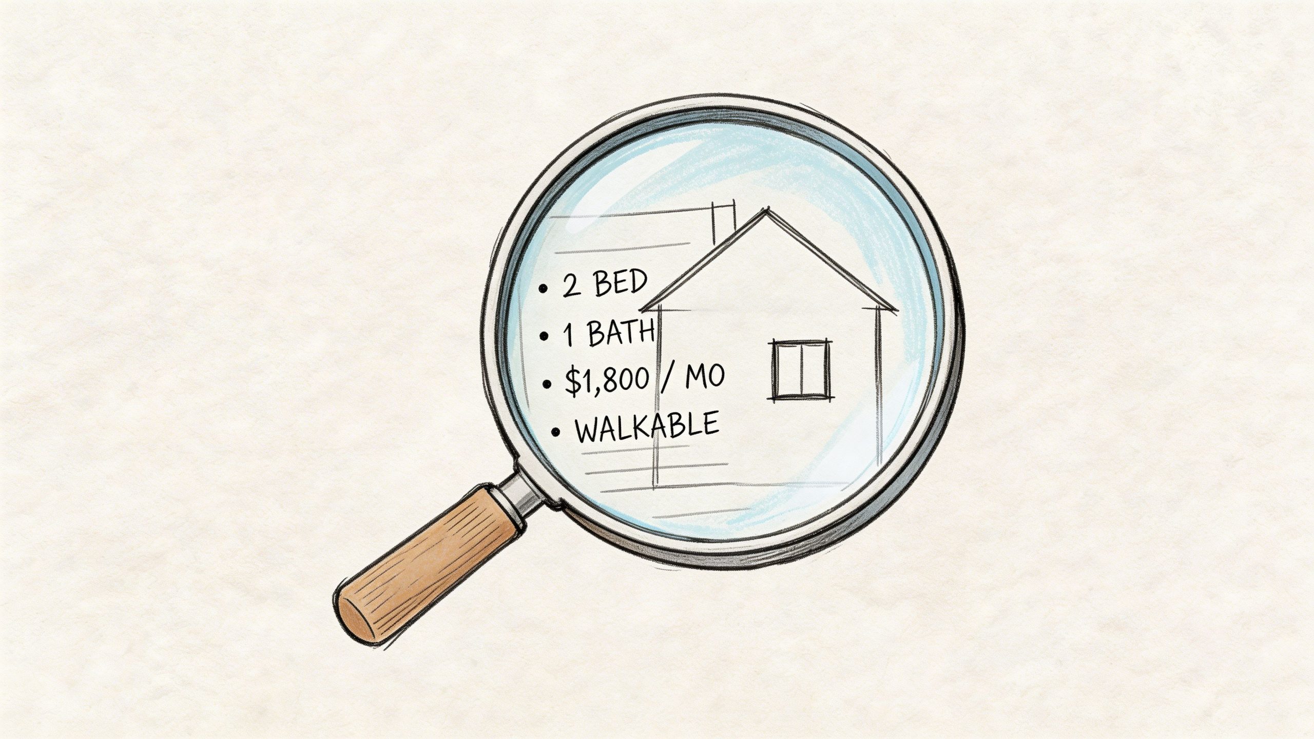 Eine Lupe betrachtet ein skizziertes Wohnungsangebot mit zwei Schlafzimmern, einem Bad, 1800 Dollar Miete und fußläufiger Lage.
