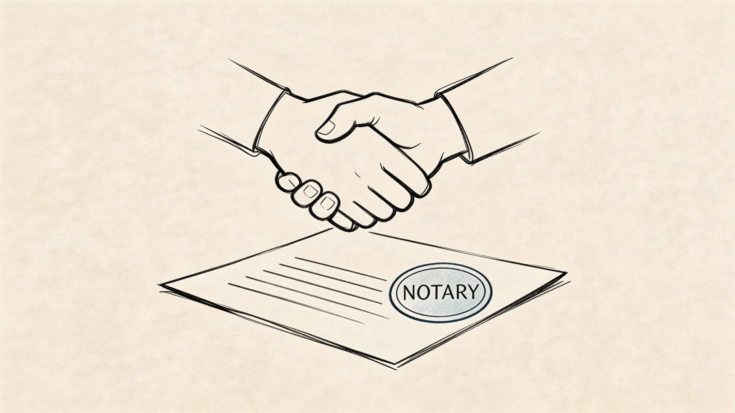Eine illustrative Zeichnung eines Händedrucks über einem notariell beglaubigten Dokument als Symbol für einen erfolgreichen Immobilienabschluss.