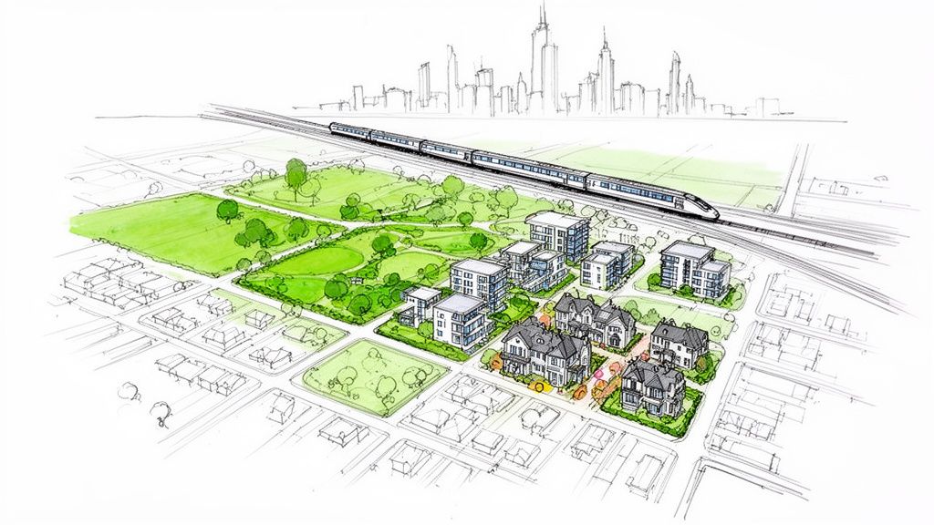 Eine detaillierte Zeichnung zeigt ein modernes Wohngebiet mit Parks, Hochhäusern, Einfamilienhäusern und einem Zug, der zur Stadt fährt.