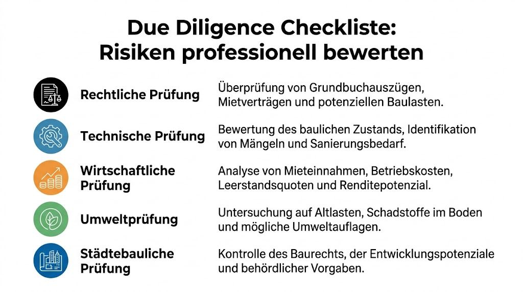 Eine Checkliste für die Due-Diligence-Prüfung beim Immobilienkauf, unterteilt in rechtliche, technische, wirtschaftliche, ökologische und städtebauliche Kategorien.