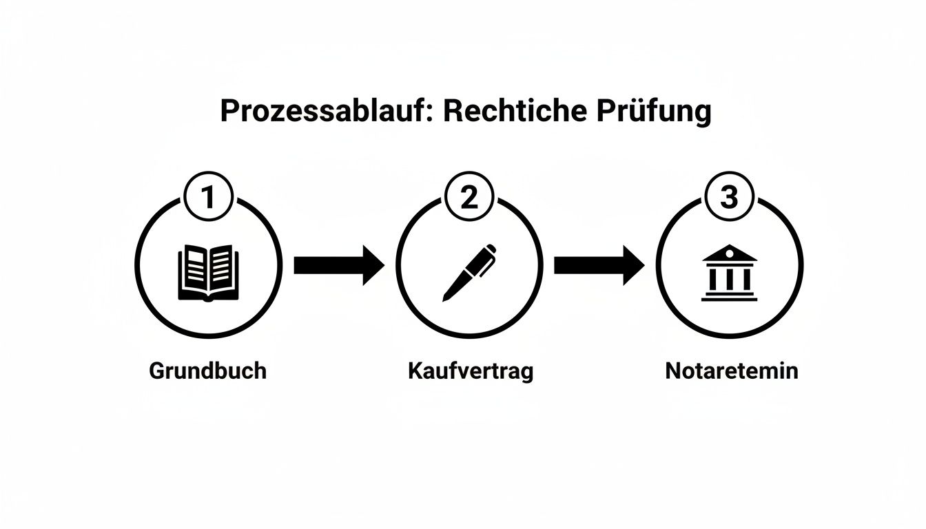 Ein Prozessablauf zur rechtlichen Prüfung beim Immobilienkauf mit Schritten wie Grundbuch, Kaufvertrag und Notartermin.
