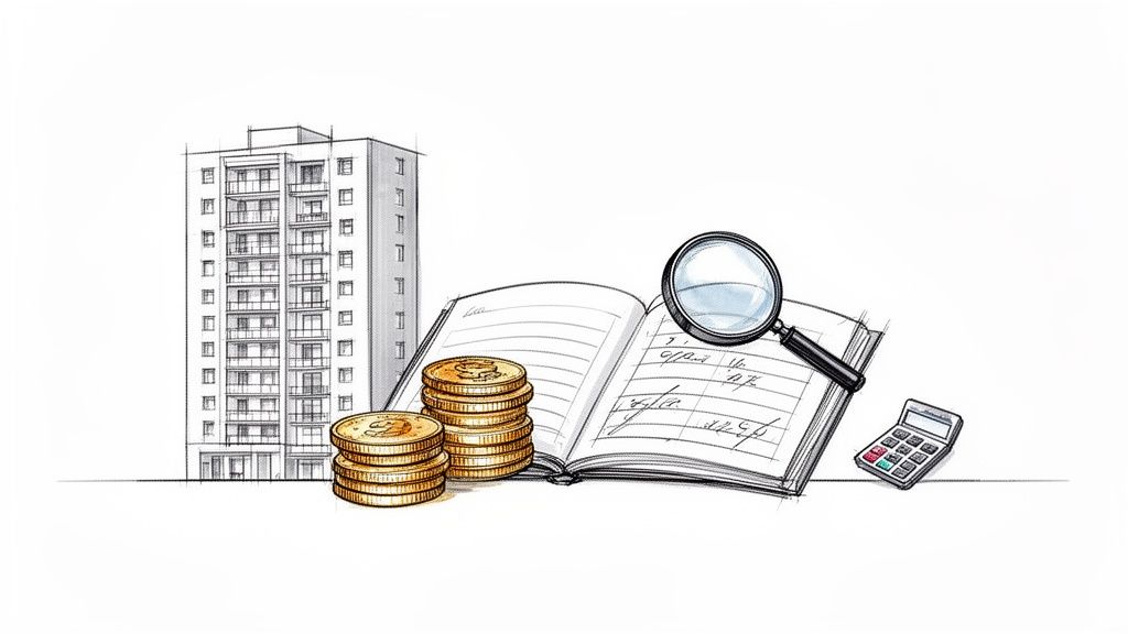 Illustration zur Immobilienprüfung mit Gebäude, Geld, offenem Buch, Lupe und Taschenrechner.