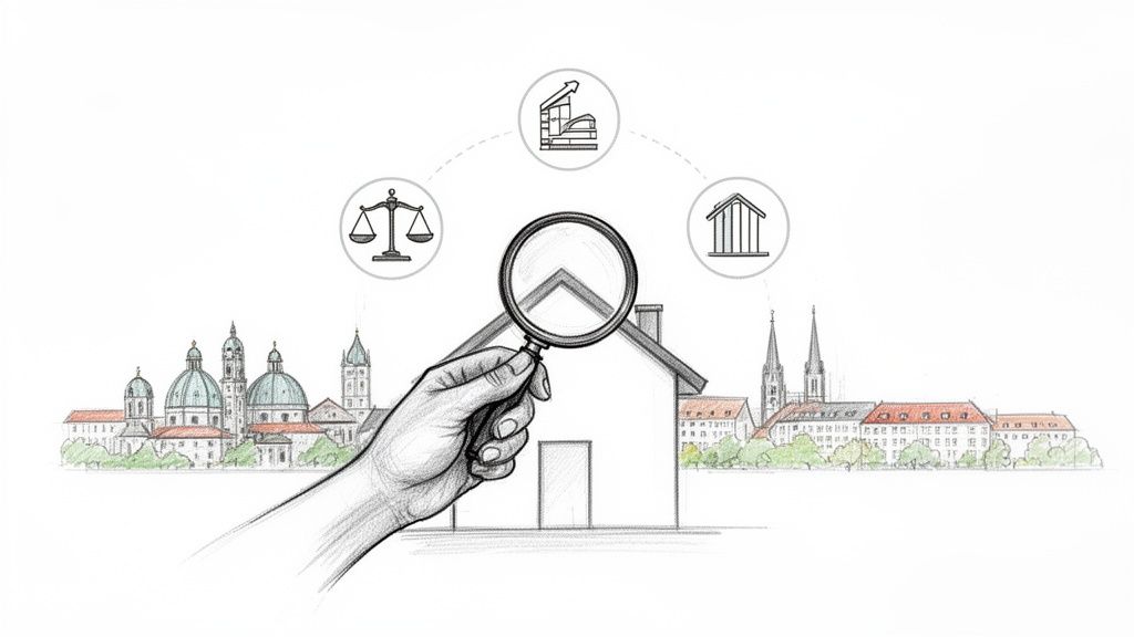 Hand hält Lupe über Haus, umgeben von Stadtsilhouette und Icons für Recht, Bau und Immobilien.