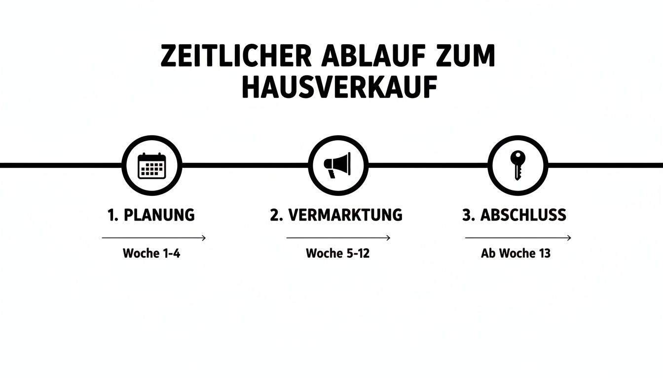Der zeitliche Ablauf zum Hausverkauf: Planung (Woche 1-4), Vermarktung (Woche 5-12) und Abschluss (ab Woche 13).