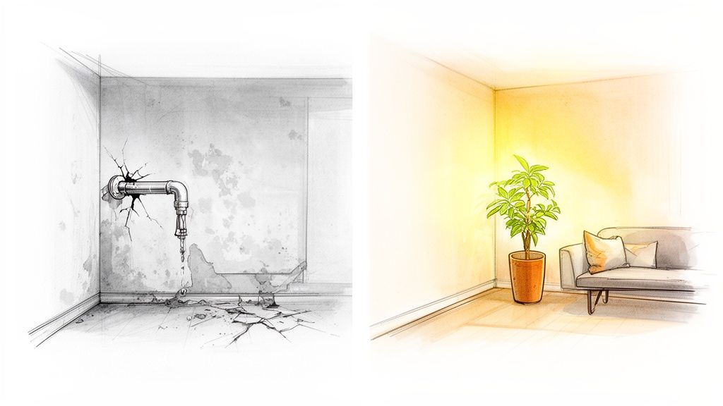 Ein Vergleich zweier Raumecken: eine mit Wasserschaden und Rissen, die andere renoviert mit Pflanze und Sofa.