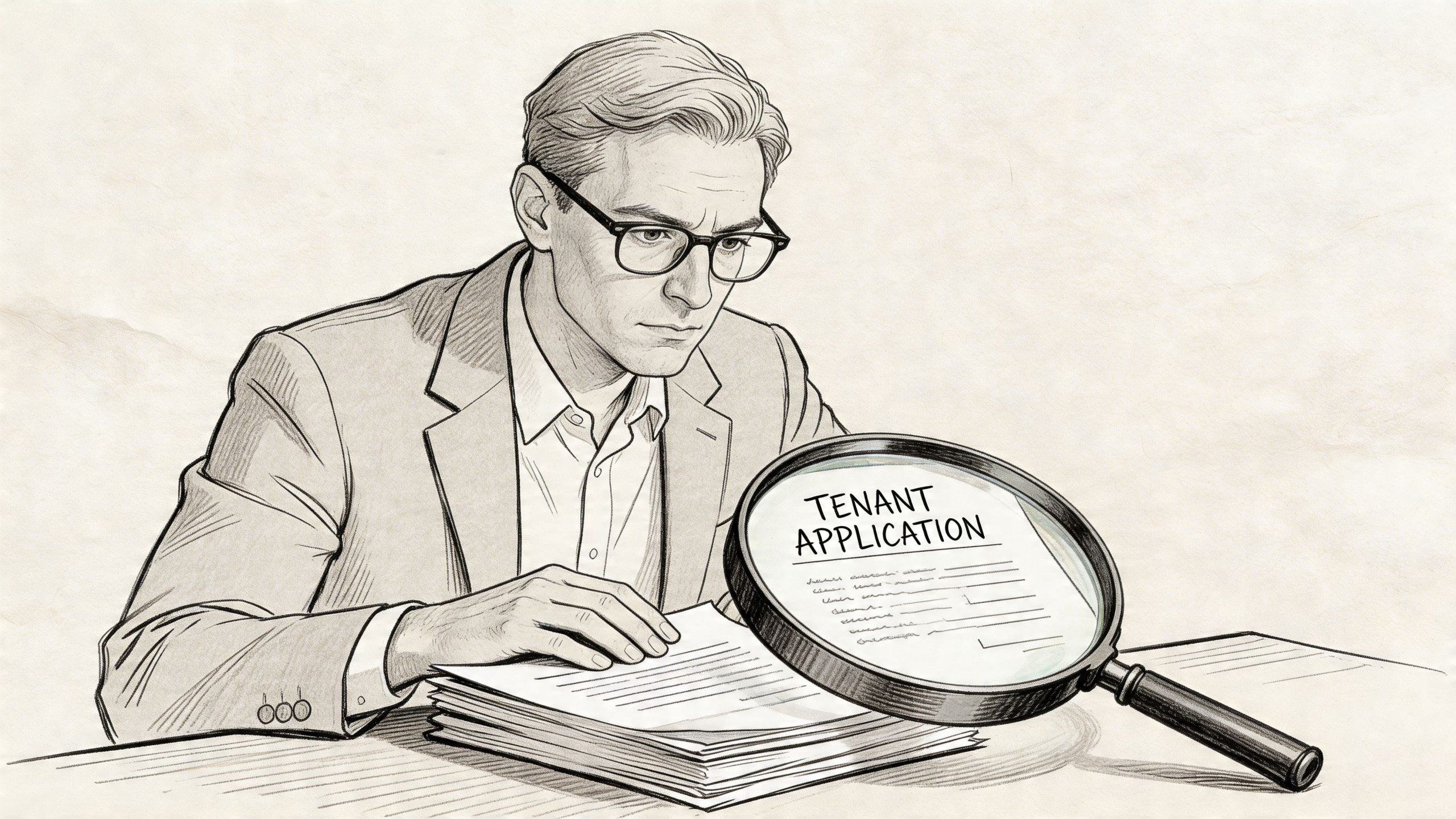 Ein fokussierter Geschäftsmann prüft sorgfältig einen Mietantrag mit einer Lupe an seinem Schreibtisch im Büro.