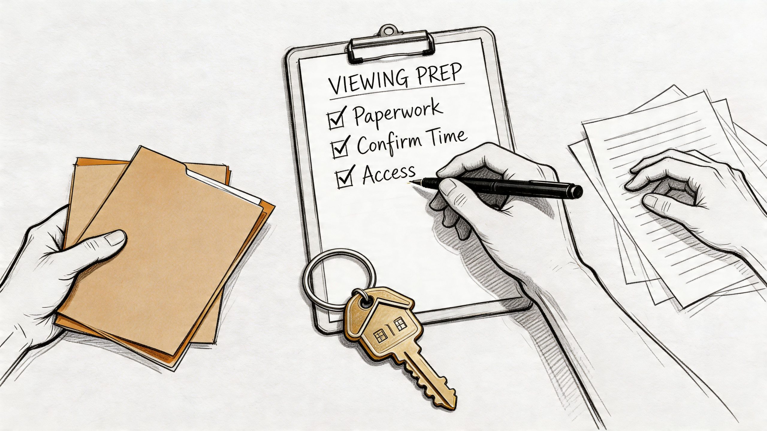 Eine illustrierte Checkliste für die Vorbereitung einer Wohnungsbesichtigung mit Klemmbrett, Schlüsseln und Dokumenten auf einem Tisch.