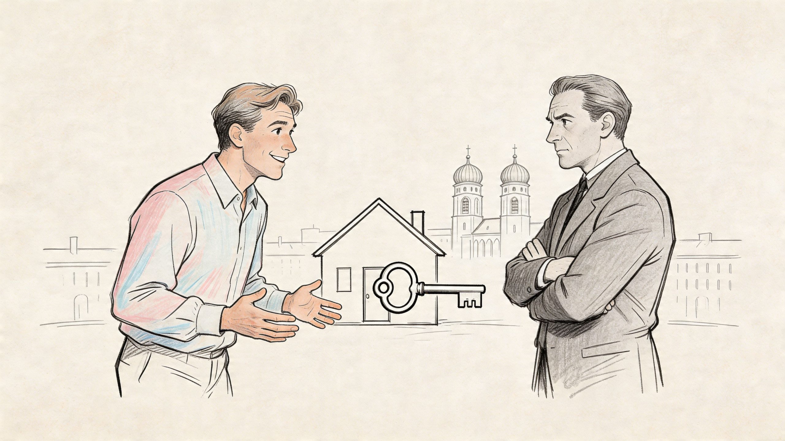 Ein junger Mann und ein Geschäftsmann diskutieren über einen Hausschlüssel vor einer illustrierten Kulisse mit einer Kirche.