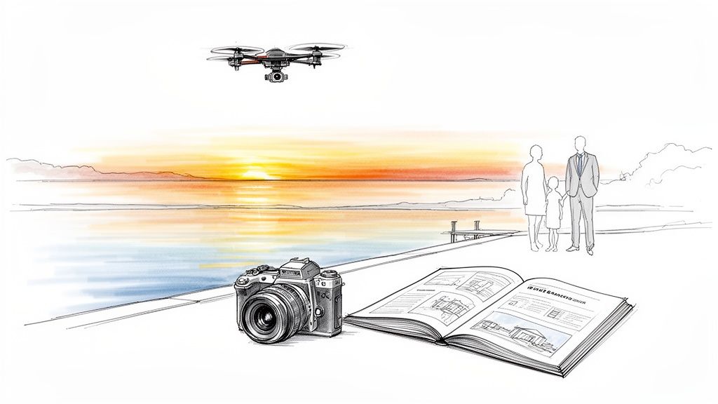 Illustration eines Seegrundstücks bei Sonnenuntergang mit Drohne, Kamera und Familie, ideal für Immobilien.