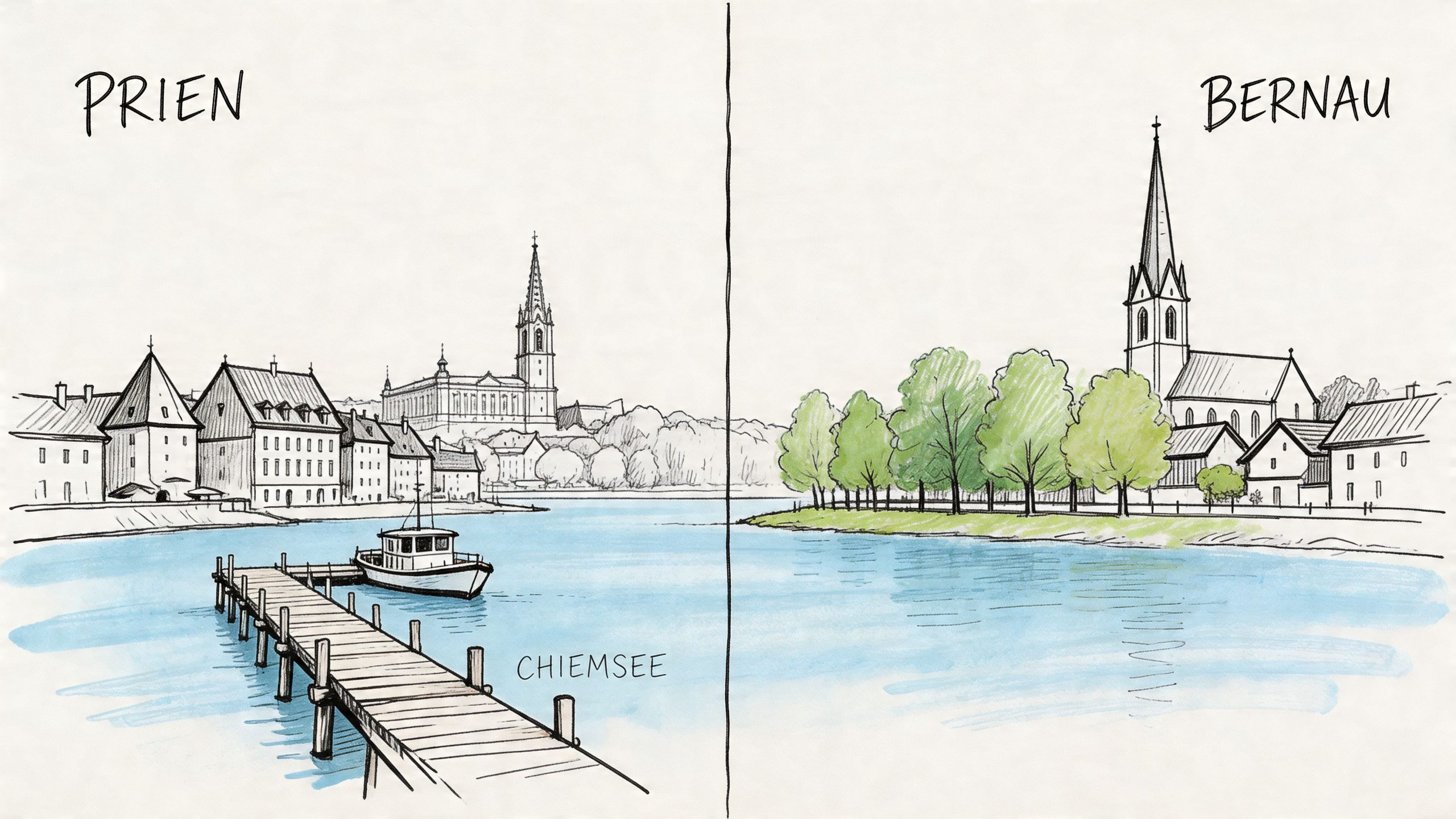 Eine illustrative Zeichnung der Orte Prien und Bernau am Chiemsee mit Seebrücke und historischen Gebäuden.