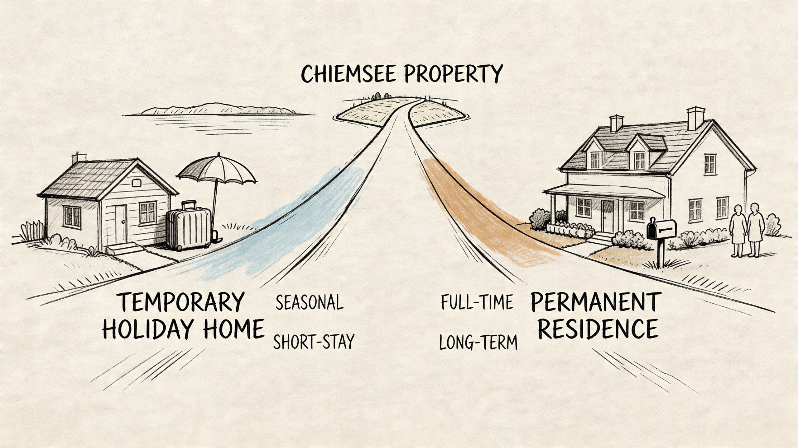 Illustration zeigt die Unterschiede zwischen einer Ferienimmobilie und einem dauerhaften Wohnsitz am Chiemsee.