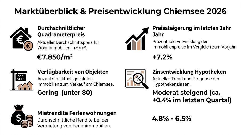 Infografik zur Marktentwicklung von Immobilien am Chiemsee im Jahr 2026 mit Preisdaten und Trends.
